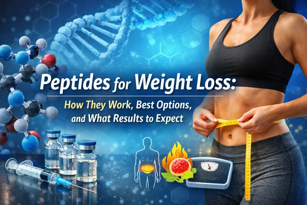 Horizontal featured image showing peptide molecular structures, injectable vials, and a person measuring waist with a tape measure, with overlay text reading “Peptides for Weight Loss: How They Work, Best Options, and What Results to Expect”.