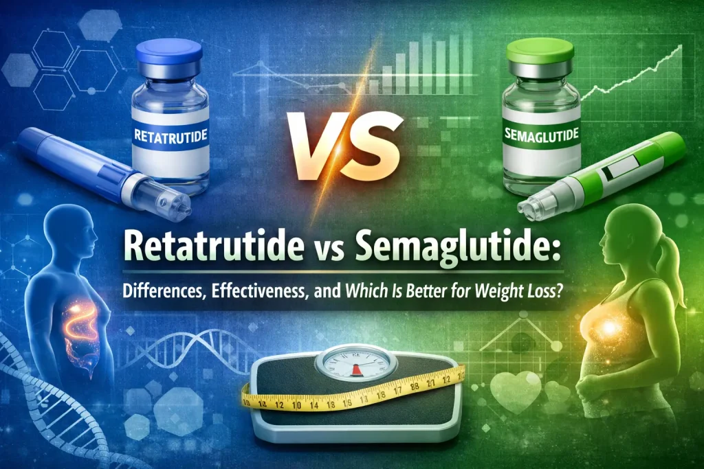 Comparison graphic showing Retatrutide vs Semaglutide for weight loss, featuring injectable medication vials, a scale with measuring tape, and medical-themed background elements.