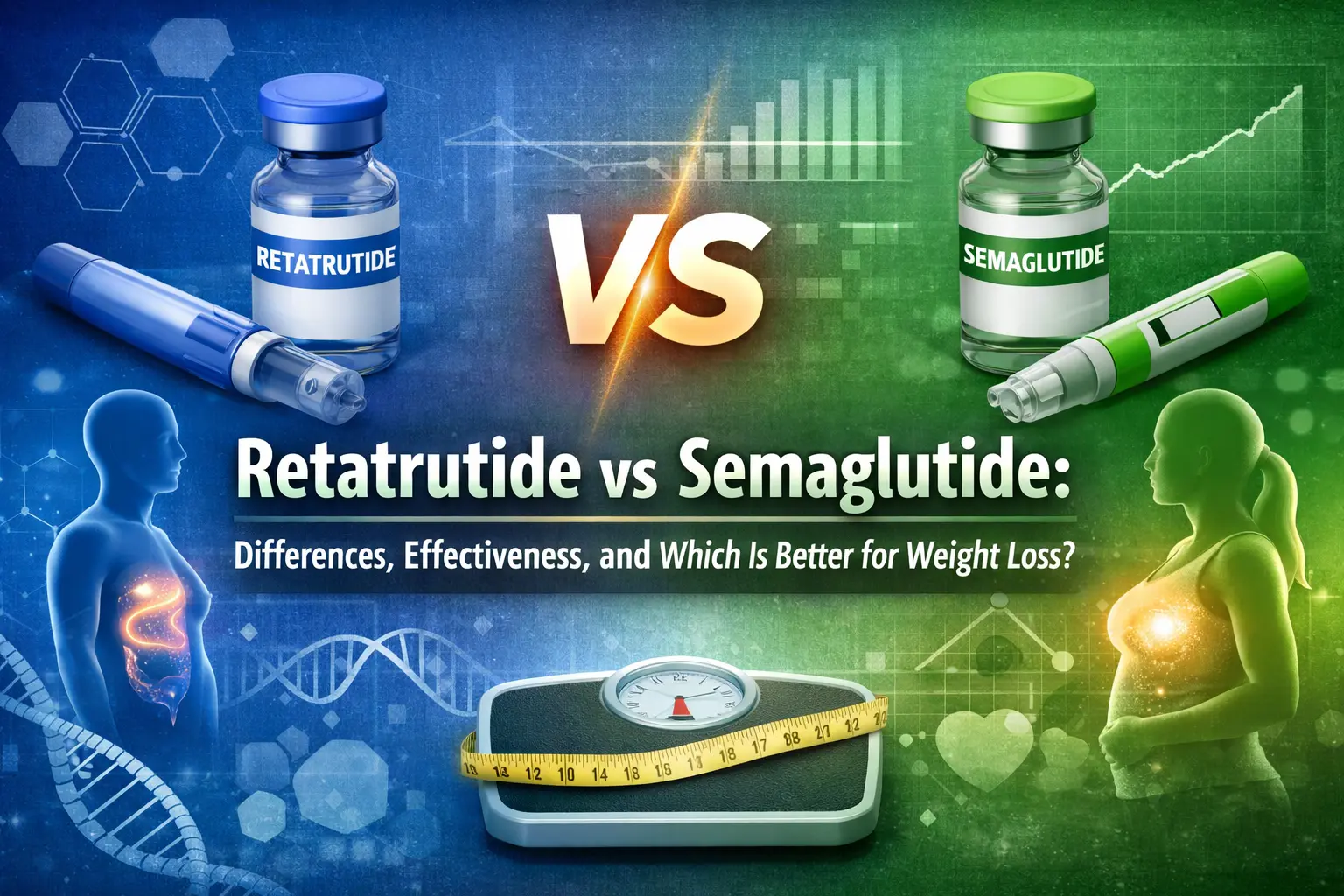 Comparison graphic showing Retatrutide vs Semaglutide for weight loss, featuring injectable medication vials, a scale with measuring tape, and medical-themed background elements.