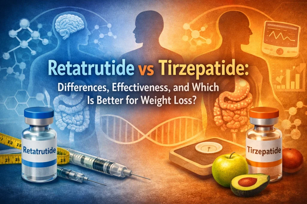 Horizontal featured image showing a comparison between retatrutide and tirzepatide for weight loss, with medication vials, syringes, metabolic graphics, and overlaid text reading “Retatrutide vs Tirzepatide: Differences, Effectiveness, and Which Is Better for Weight Loss?”