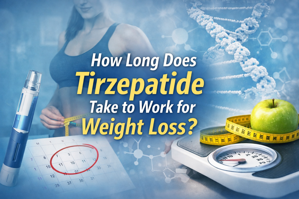 Horizontal banner showing a tirzepatide injection pen, measuring tape, scale, and apple with overlaid text reading “How Long Does Tirzepatide Take to Work for Weight Loss?” on a blue medical-themed background.