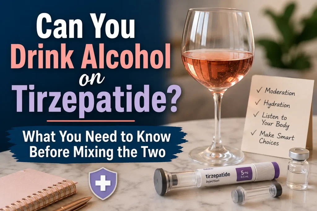 Horizontal featured image showing a glass of rosé wine beside a tirzepatide injection pen and vial, with overlaid text reading “Can You Drink Alcohol on Tirzepatide? What You Need to Know Before Mixing the Two.”