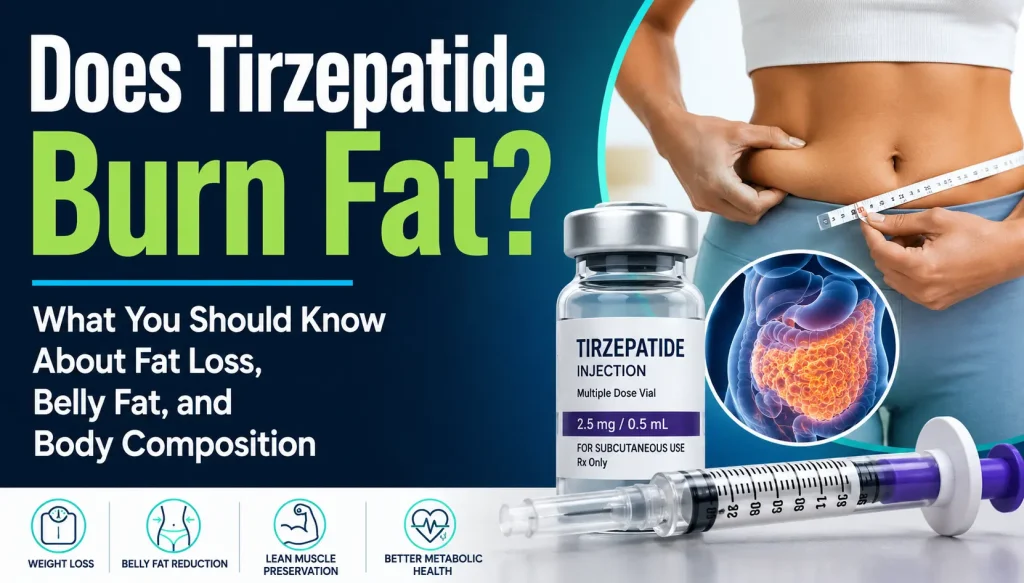 Horizontal featured image for an article about tirzepatide and fat loss featuring a person measuring belly fat, a tirzepatide injection vial and syringe, and overlaid text reading “Does Tirzepatide Burn Fat? What You Should Know About Fat Loss, Belly Fat, and Body Composition.