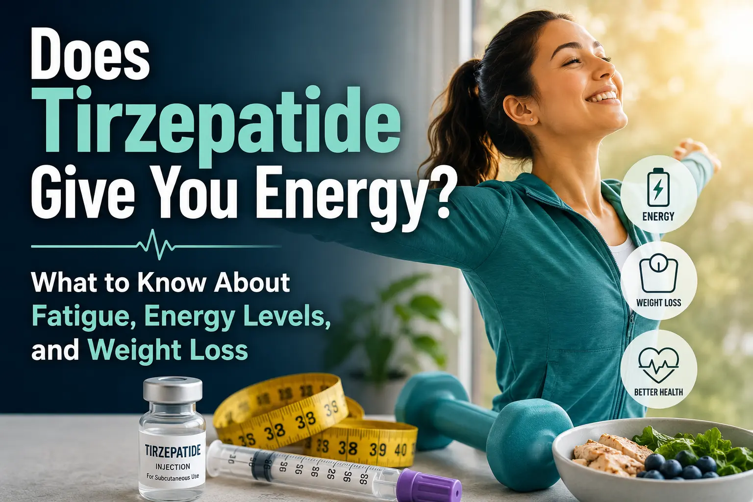 A horizontal featured image showing a person looking energized and confident while standing beside healthy food and fitness-related imagery, contrasted with subtle visual elements representing fatigue and low energy. Overlaid text reads: “Does Tirzepatide Give You Energy? What to Know About Fatigue, Energy Levels, and Weight Loss”.