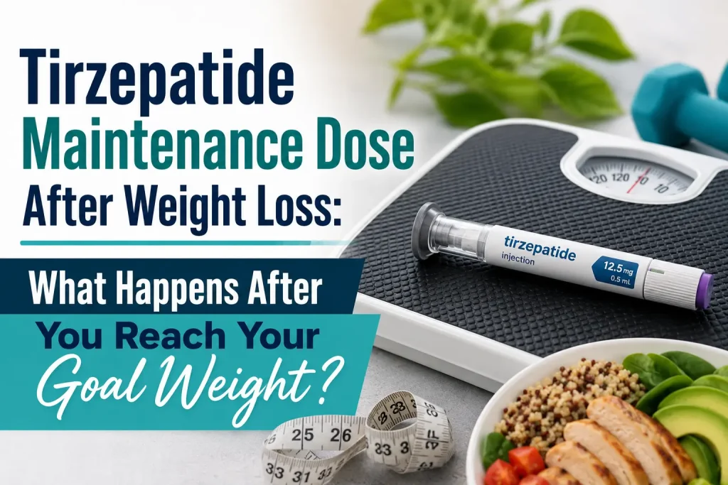 Image of a scale and weight loss imagery overlaid with text saying "Tirzepatide Maintenance Dose After Weight Loss: What Happens After You Reach Your Goal Weight?" and represents long-term weight maintenance, dose adjustments, and ongoing obesity management after reaching a weight loss goal.