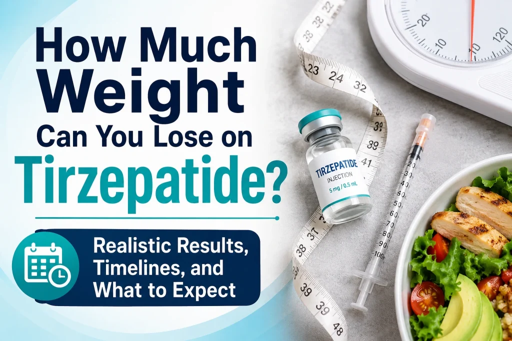 "Tirzepatide weight loss featured image showing a tirzepatide injection vial, syringe, measuring tape, bathroom scale, and a healthy salad with grilled chicken and avocado. Large overlaid text reads: 'How Much Weight Can You Lose on Tirzepatide? Realistic Results, Timelines, and What to Expect.'"