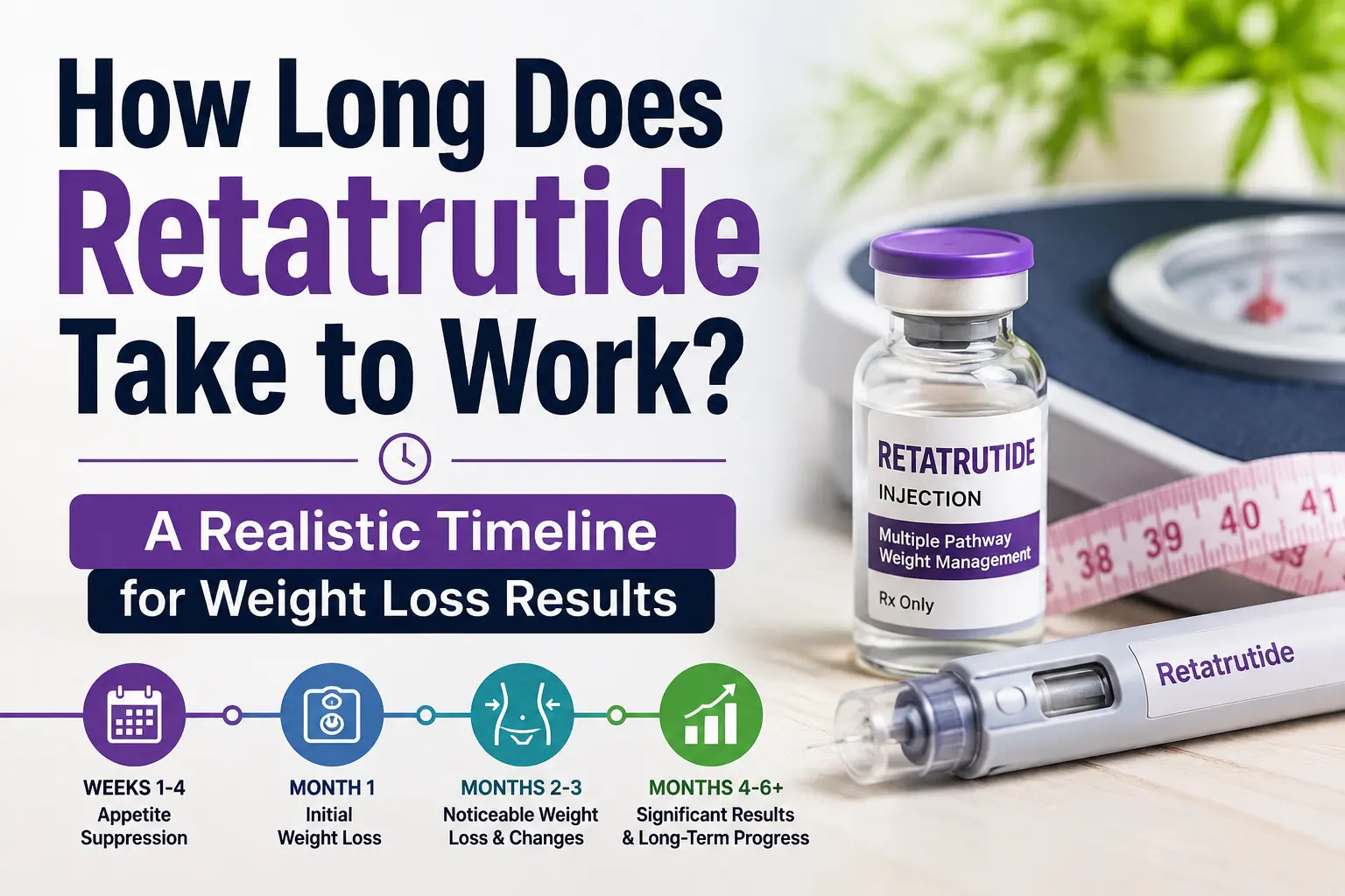 Featured image for an article titled "How Long Does Retatrutide Take to Work? A Realistic Timeline for Weight Loss Results" showing a person on a weight loss journey alongside a timeline graphic, healthy lifestyle imagery, and weight management visuals, with the article title displayed prominently across the image.