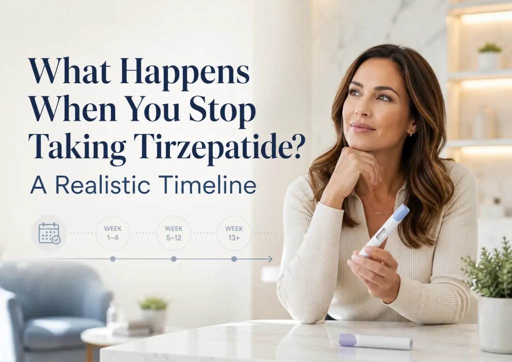 Woman holding a tirzepatide injection pen beside a week-by-week timeline illustrating what may happen after stopping treatment.