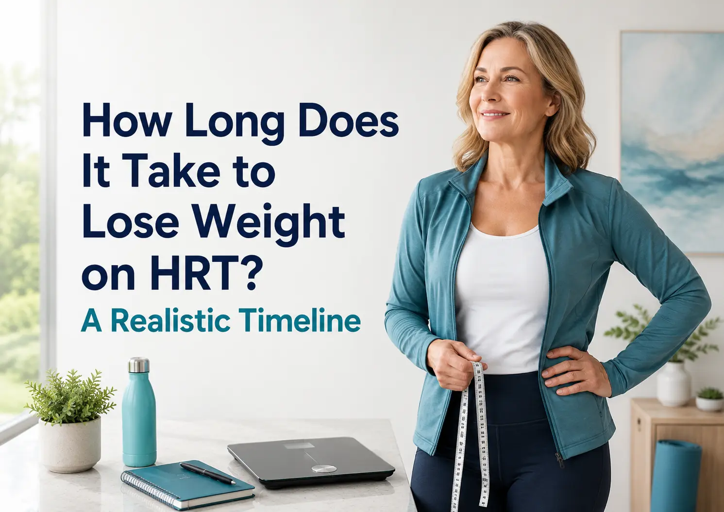 Smiling middle-aged woman in teal activewear holding a measuring tape beside a digital scale, water bottle, notebook, and plants, with text reading “How Long Does It Take to Lose Weight on HRT? A Realistic Timeline.”