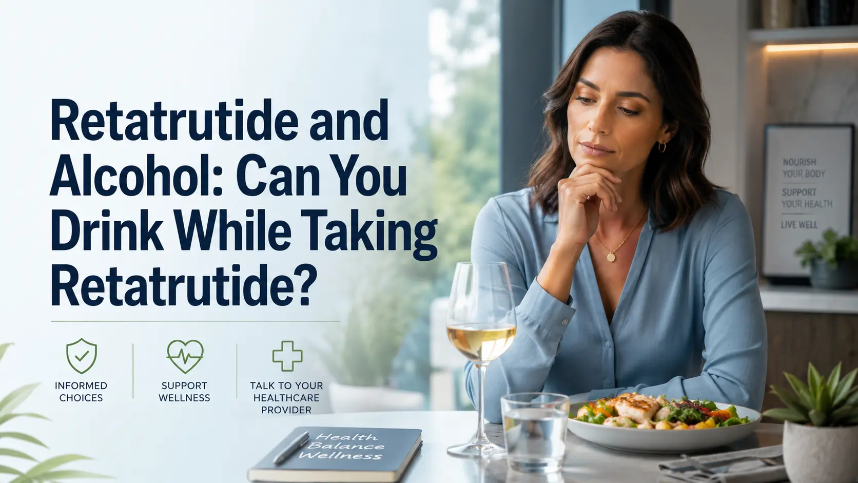 Woman sitting at a table with a glass of wine, water, and a healthy meal while the image displays the title “Retatrutide and Alcohol: Can You Drink While Taking Retatrutide?”
