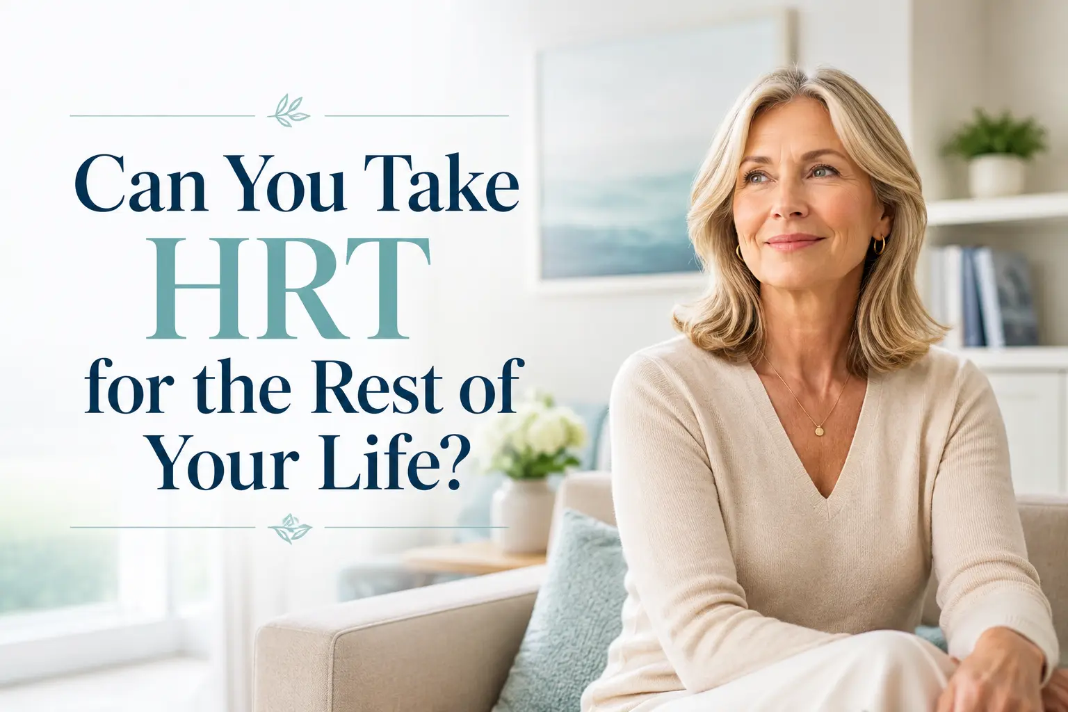 Mature woman seated in a bright living room beside the text “Can You Take HRT for the Rest of Your Life?”