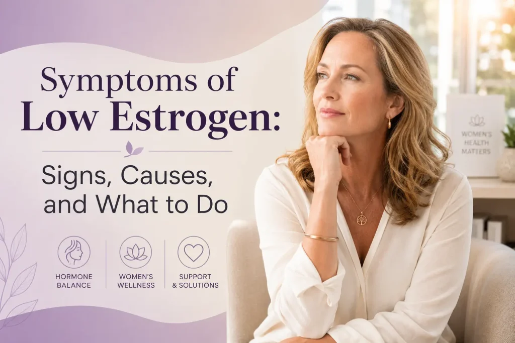 Middle-aged blonde woman in a white blouse sitting thoughtfully in a bright wellness setting beside purple-and-cream graphics and the text “Symptoms of Low Estrogen: Signs, Causes, and What to Do.”