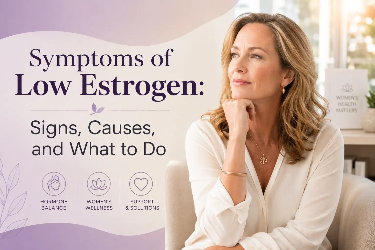 Middle-aged blonde woman in a white blouse sitting thoughtfully in a bright wellness setting beside purple-and-cream graphics and the text “Symptoms of Low Estrogen: Signs, Causes, and What to Do.”