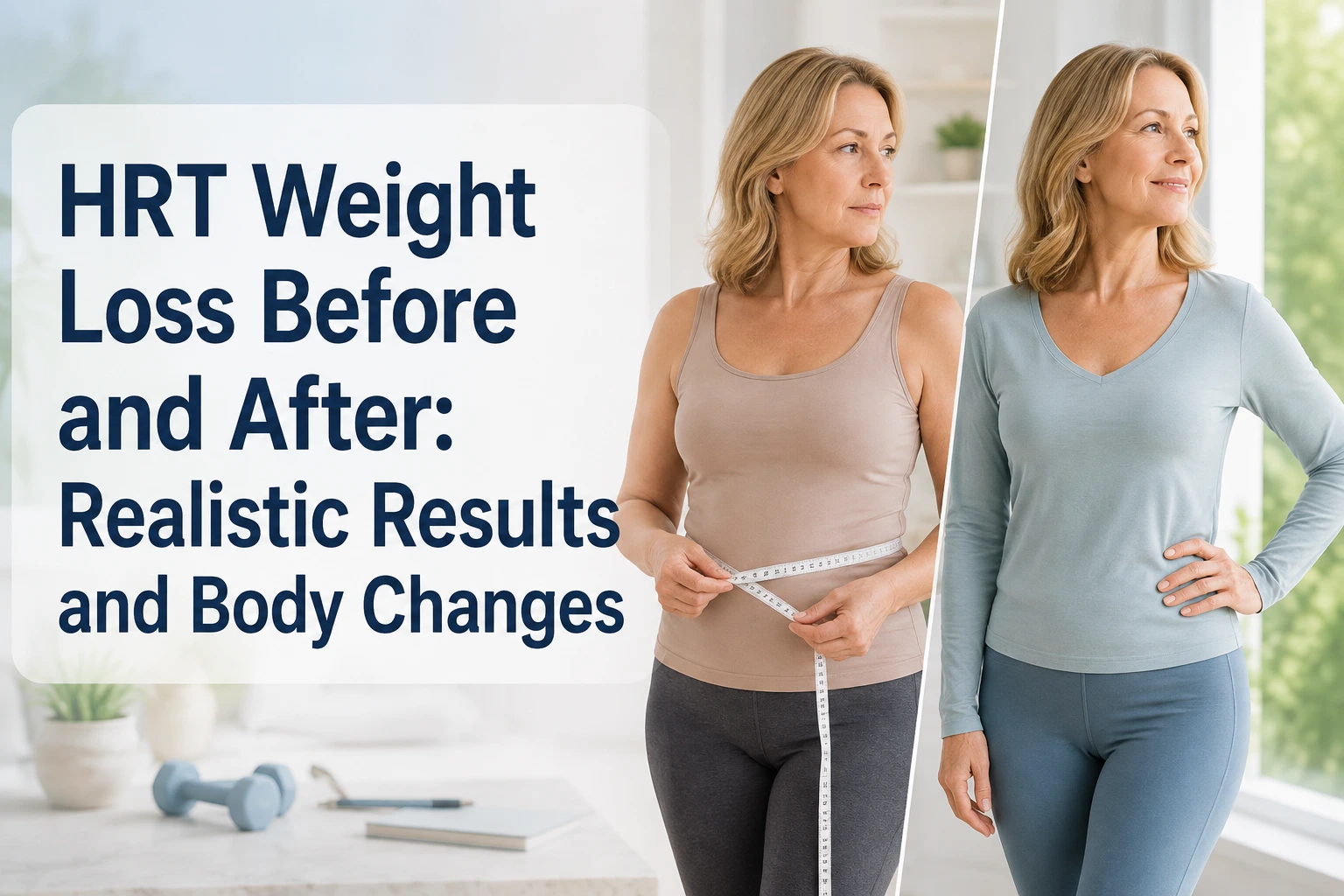 Before-and-after image of a middle-aged woman measuring her waist and standing confidently in activewear, with text about realistic HRT weight loss and body changes.
