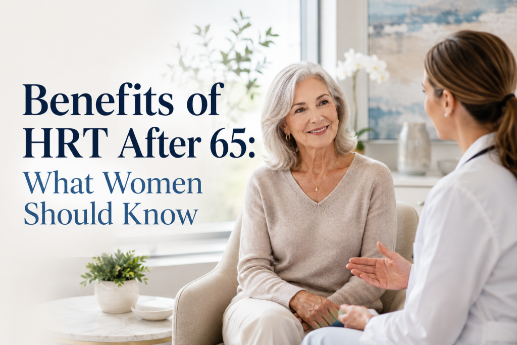 Older woman speaking with a female healthcare professional in a bright medical office, with text reading “Benefits of HRT After 65: What Women Should Know.”