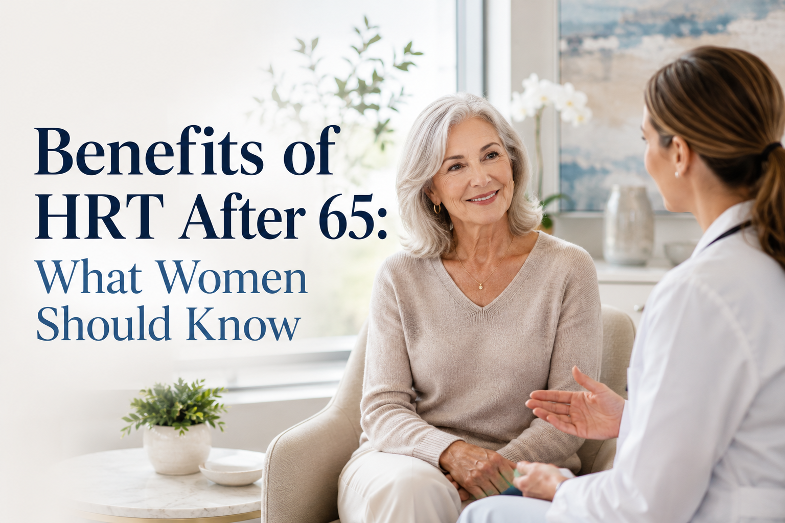 Older woman speaking with a female healthcare professional in a bright medical office, with text reading “Benefits of HRT After 65: What Women Should Know.”