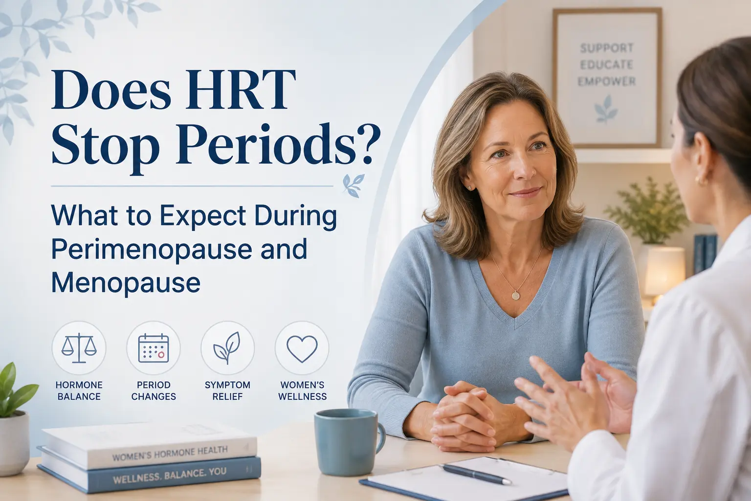 Middle-aged woman speaking with a healthcare provider beside the headline “Does HRT Stop Periods?” and icons representing hormone balance, period changes, symptom relief, and women’s wellness.