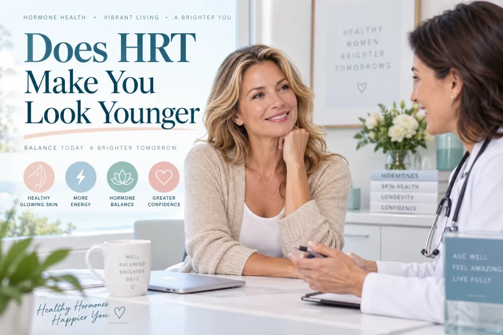 Middle-aged woman discussing hormone health with a doctor, alongside icons for skin, energy, hormone balance, and confidence, with text reading “Does HRT Make You Look Younger?”