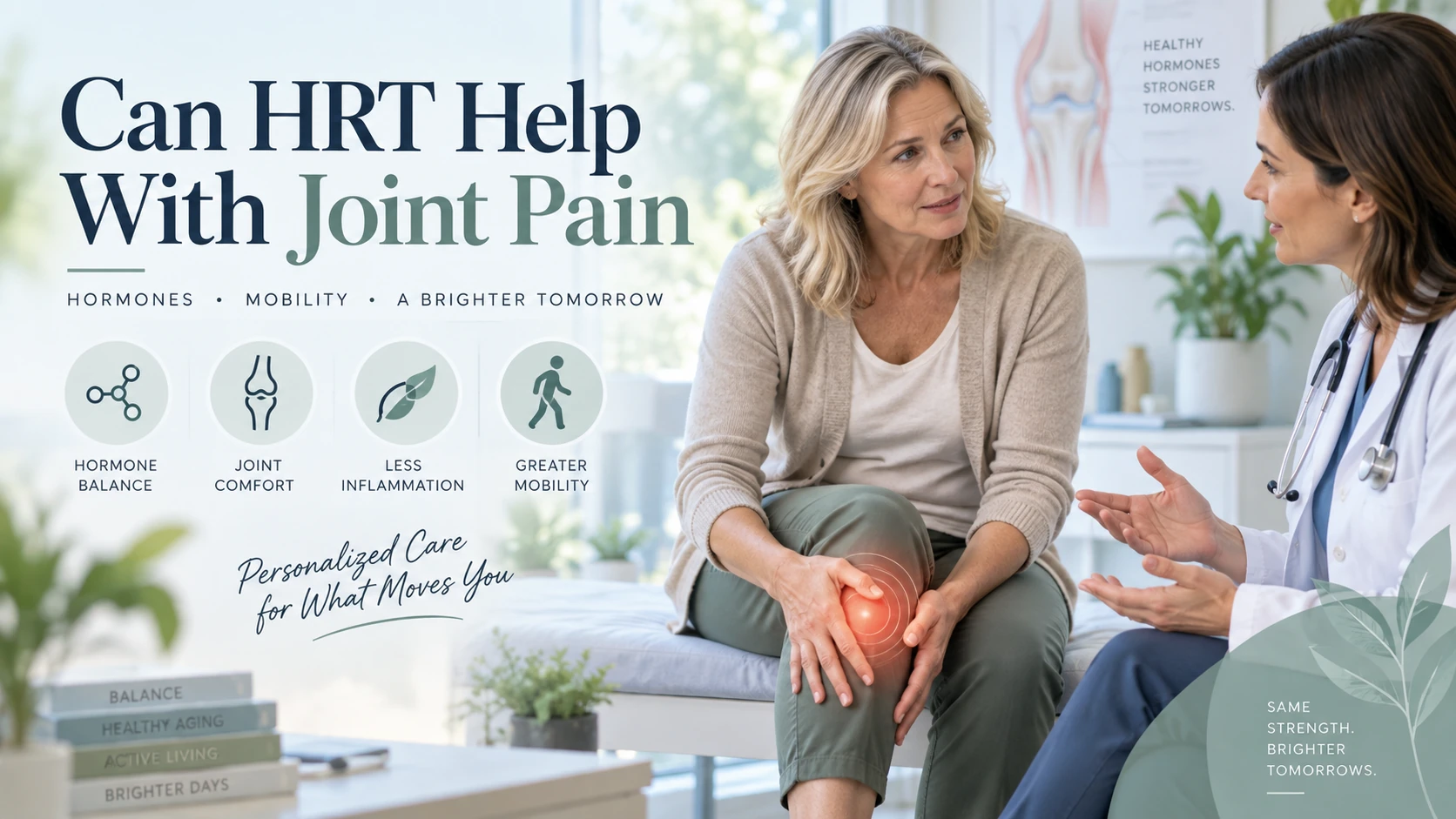 Middle-aged woman discussing knee joint pain with a doctor, alongside icons for hormone balance, joint comfort, inflammation, and mobility, with text reading “Can HRT Help With Joint Pain?”