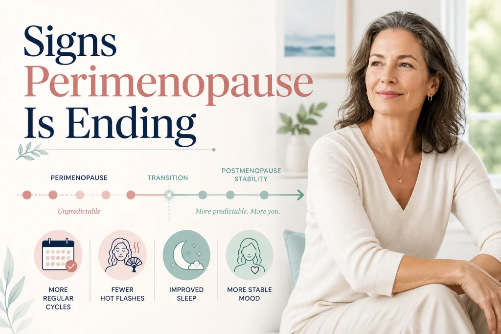 Middle-aged woman beside a perimenopause transition timeline and symptom icons for cycle changes, hot flashes, sleep, and mood, with text reading “Signs Perimenopause Is Ending.”