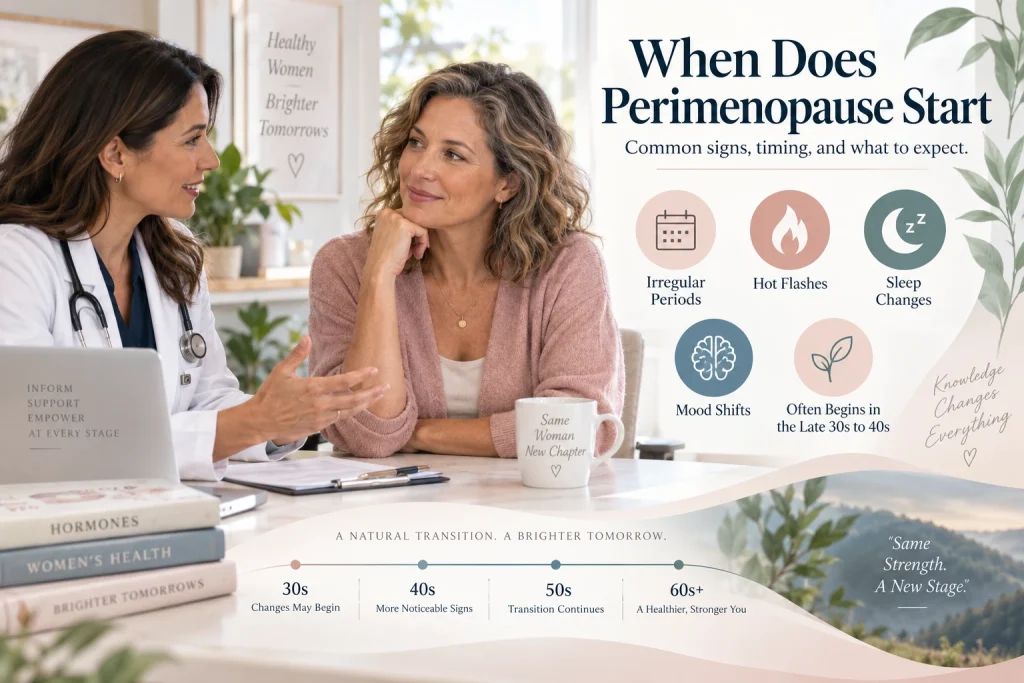 Middle-aged woman discussing perimenopause with a doctor, alongside icons for irregular periods, hot flashes, sleep changes, mood shifts, and an age timeline, with text reading “When Does Perimenopause Start?”