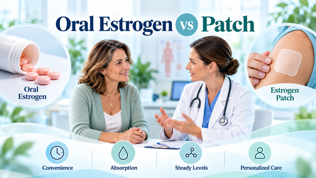 Woman discussing estrogen therapy with a doctor, alongside images of oral estrogen tablets and an estrogen patch, with text reading “Oral Estrogen vs Patch.”