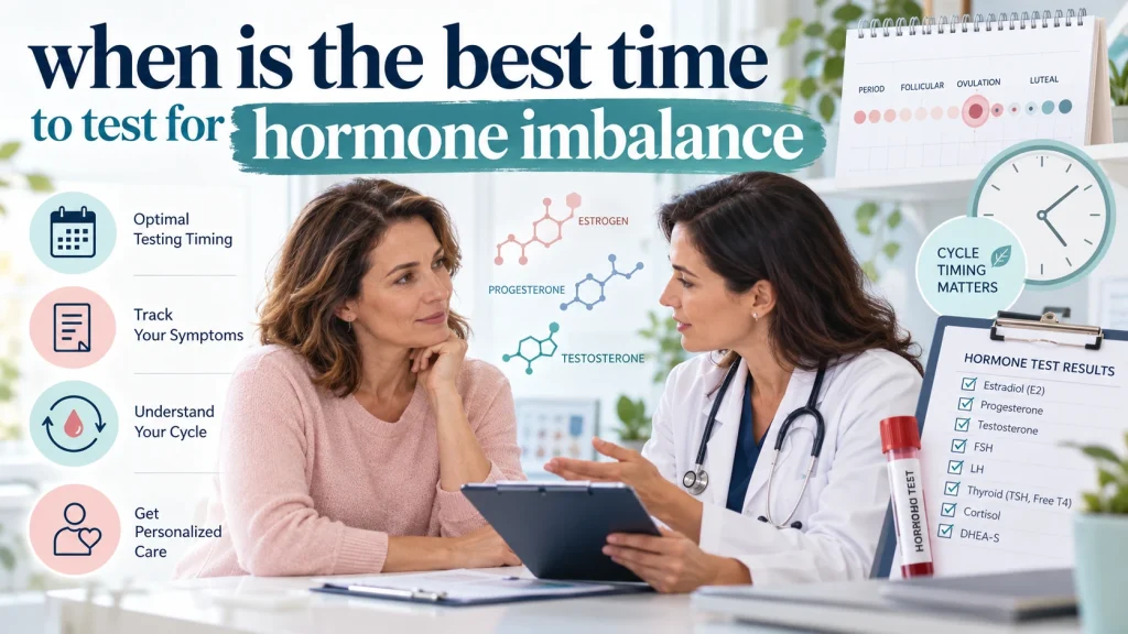 Middle-aged woman discussing hormone testing with a doctor, alongside a menstrual cycle calendar, hormone diagrams, blood test tube, clock, and test results, with text reading “When Is the Best Time to Test for Hormone Imbalance?”
